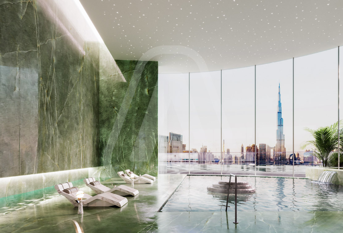 Exterior view of Mercedes-Benz Places | Binghatti luxury residences in Downtown Dubai with a backdrop of the iconic Burj Khalifa.